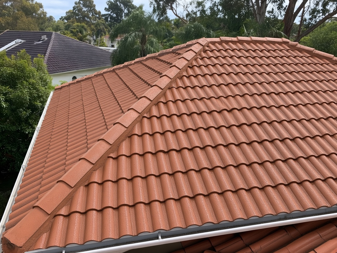 After soft wash — terracotta hip roof, lichen removed