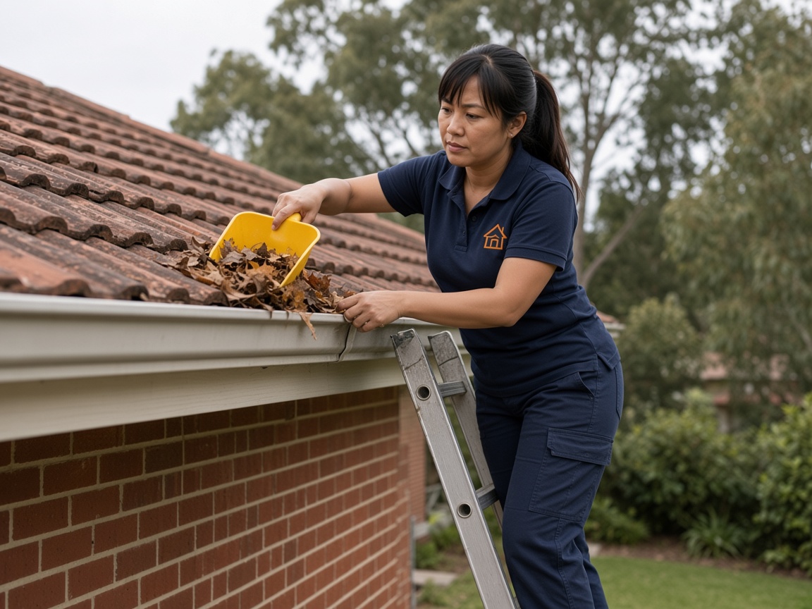 Technician clearing a gutter